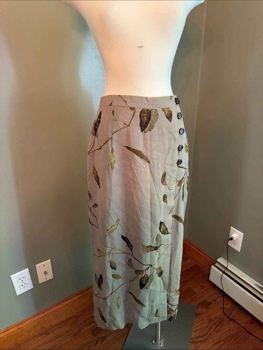 Vintage Russell Kemp Taupe Maxi Skirt with Gold Leaf Print